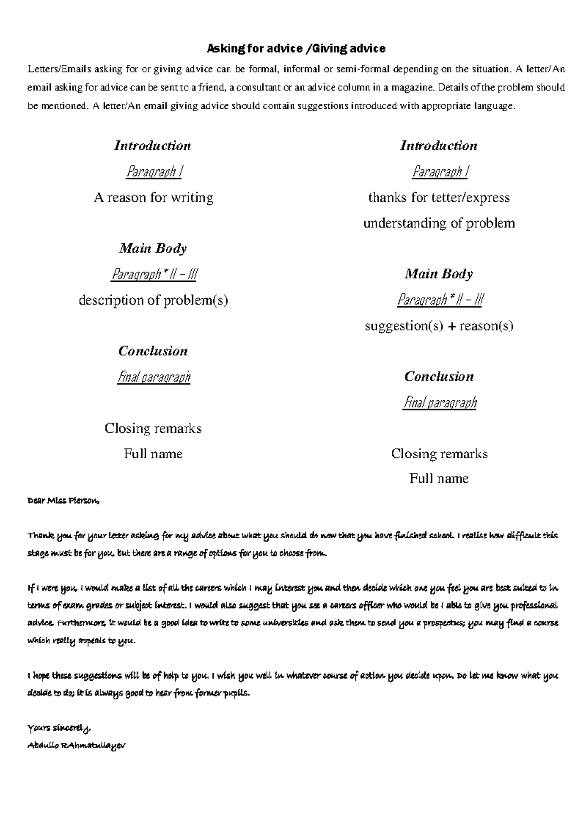 Writing an Advice Letter: Guidelines and Sample Responses - Studocu