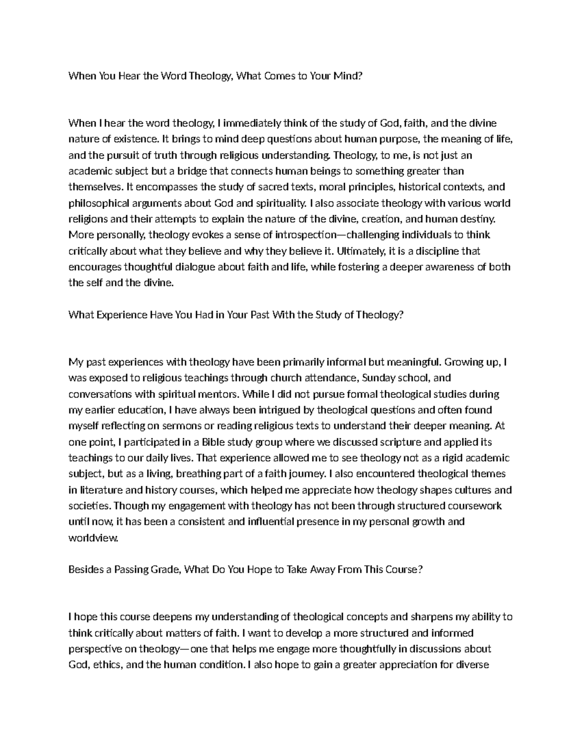 Experience with Theology: Insights and Reflections Essay (THEO 101 ...