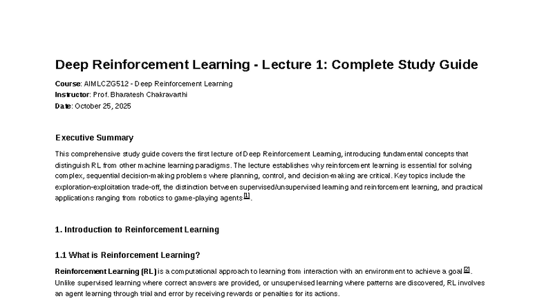 Deep Reinforcement Learning (AIMLCZG512) Lecture 1 Study Guide - Studocu