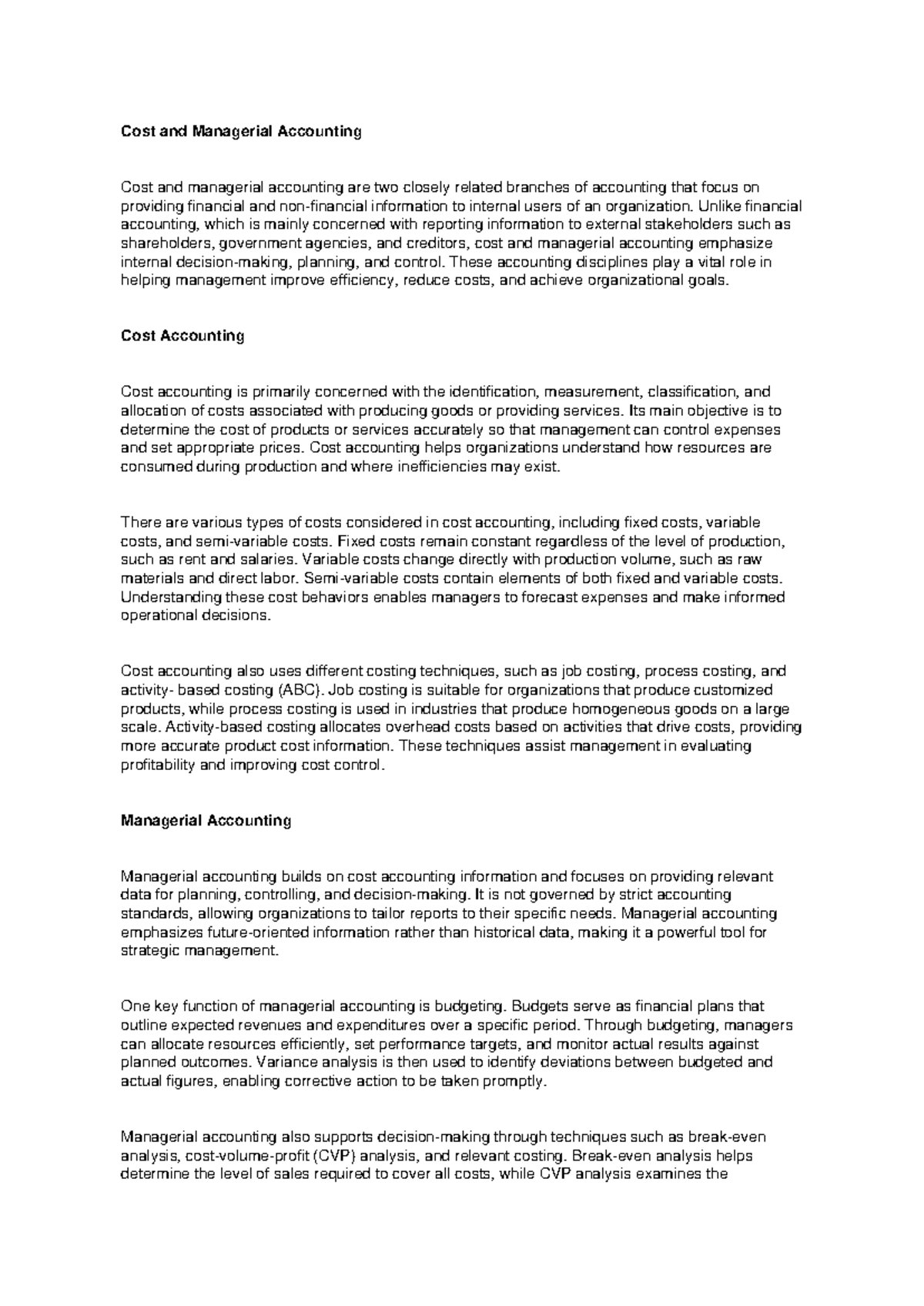 Cost and Managerial Accounting: Key Concepts and Techniques - Studocu
