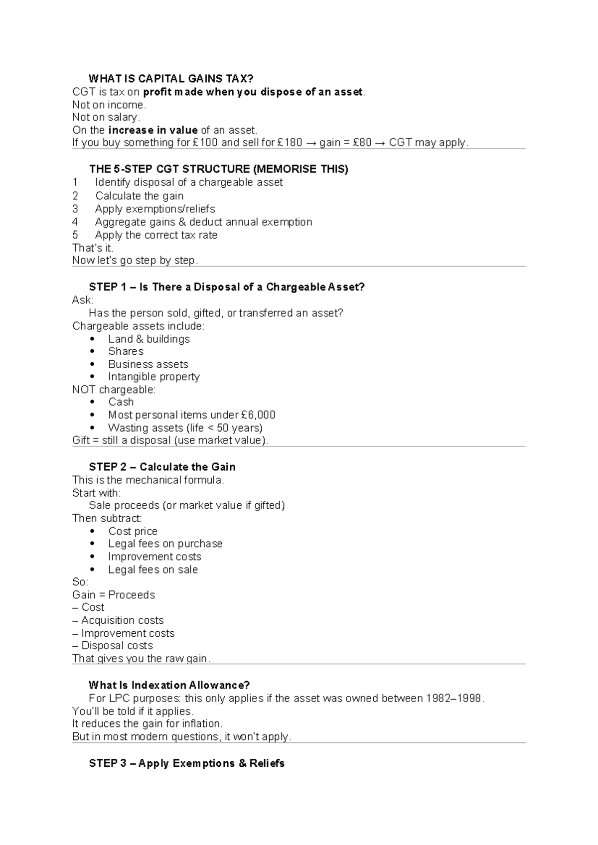 Capital Gains Tax (CGT) Study Notes: Key Concepts & Calculations - Studocu