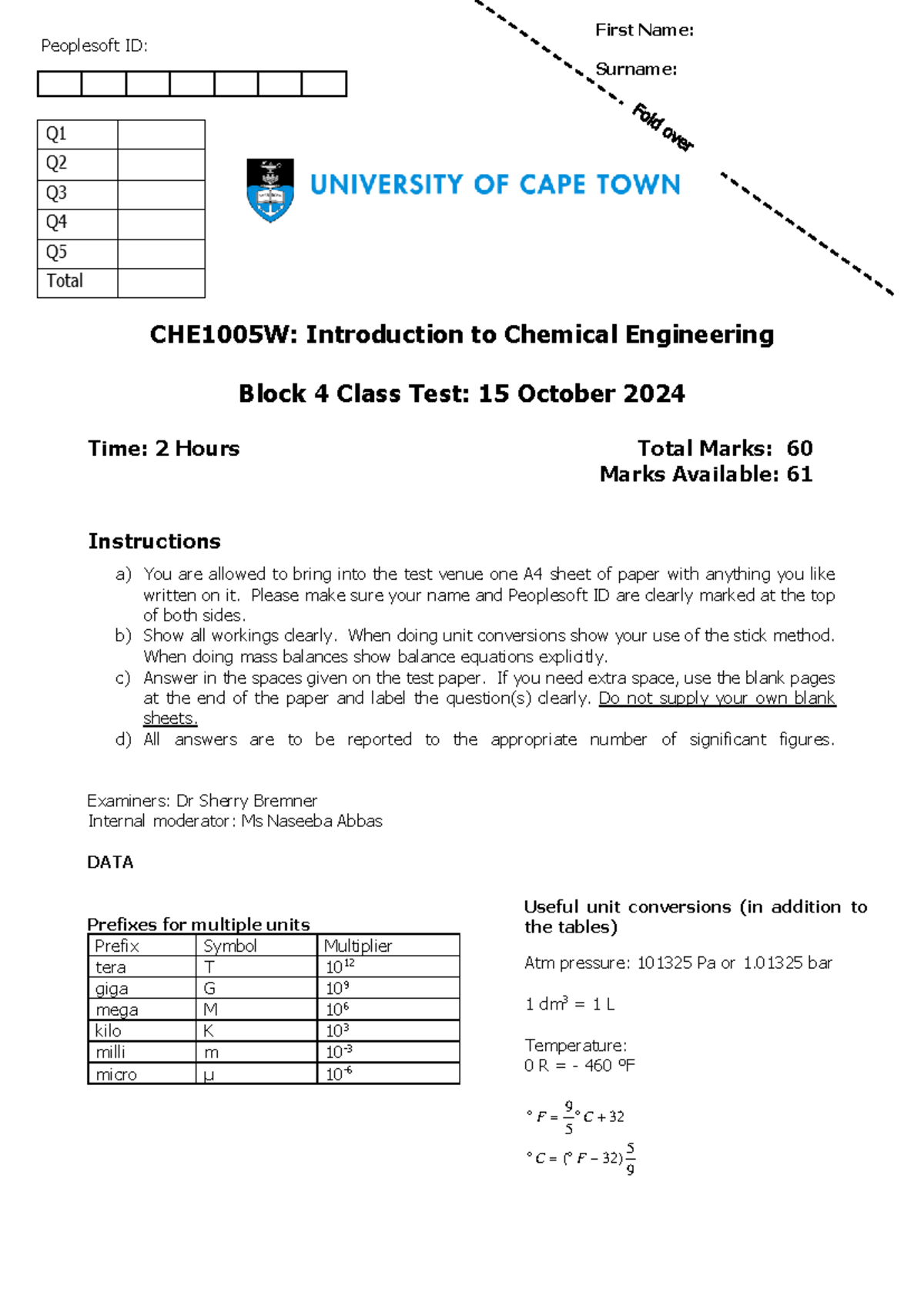 2024 CHE1005W: Intro to Chemical Eng. Block 4 Class Test Memo - Studocu