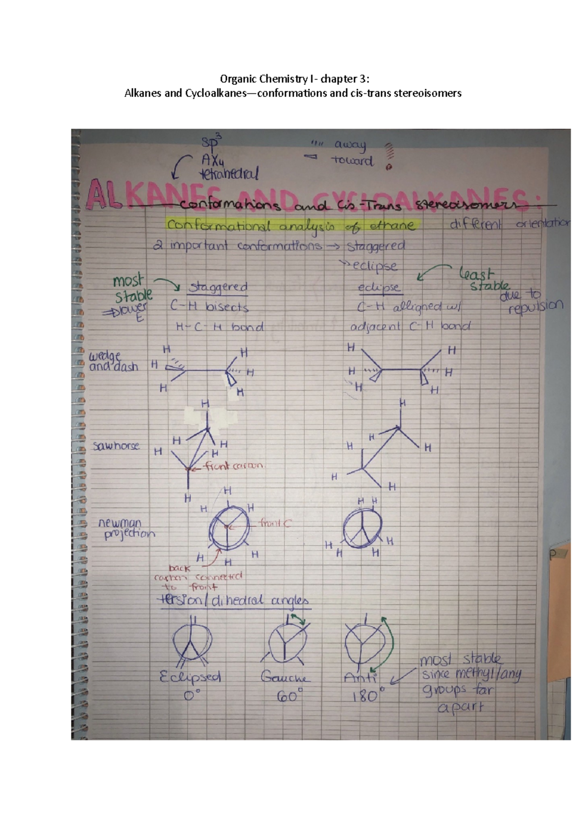 Organic Chem I: Chapter 3 Notes on Alkanes & Cycloalkanes Conformations ...