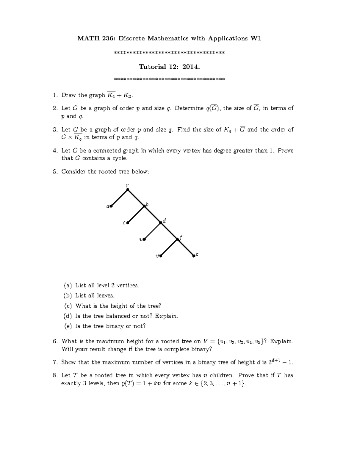 MATH 236: Discrete Mathematics W1 Tutorial 12 - Graph Theory Concepts ...