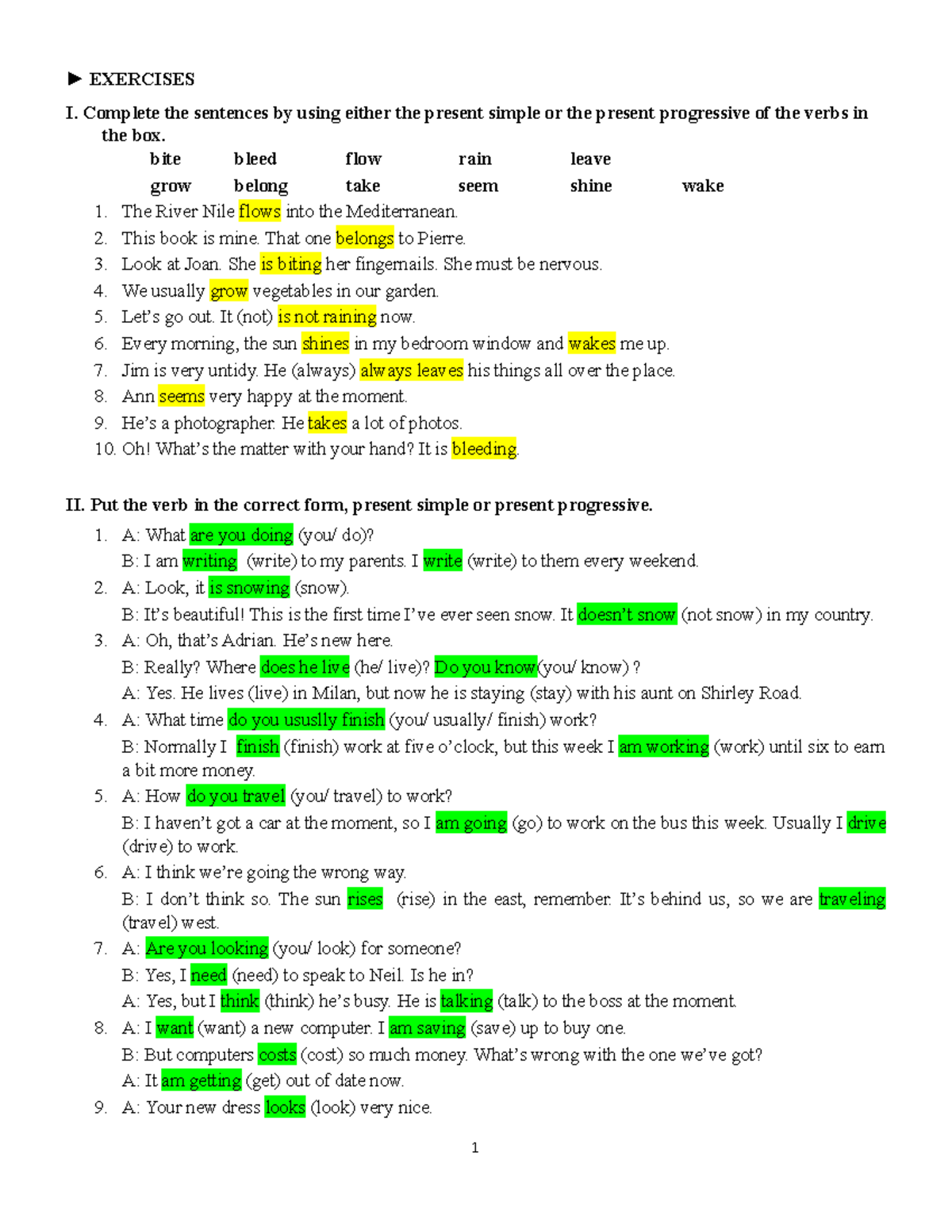 Tenses Exercises: Present Simple & Present Progressive (Eng 101) - Studocu