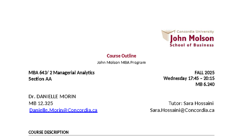 MBA 643 Fall 2025 Course Outline: Managerial Analytics - Studocu