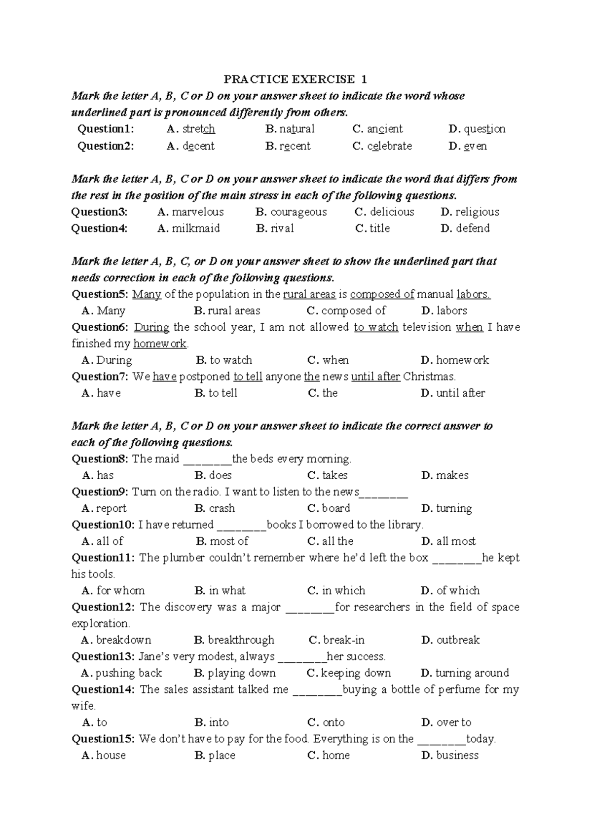 Practice Exercise 1 - Pronunciation and Grammar Questions - Studocu