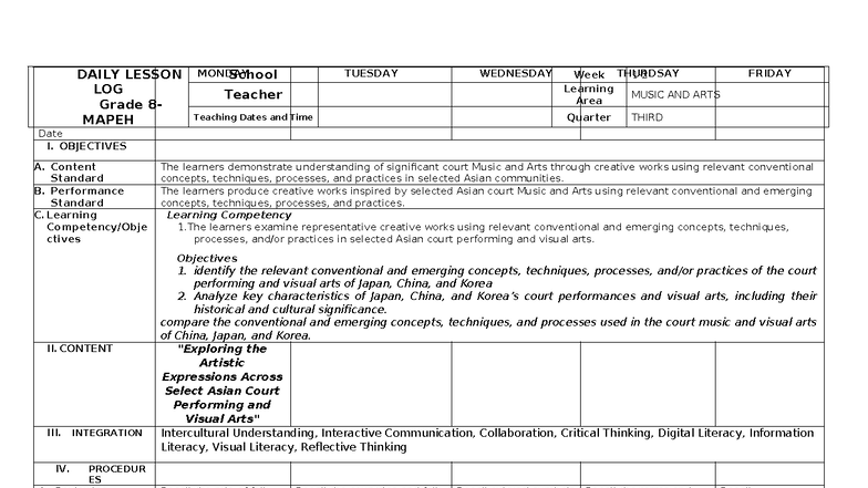 DLL MA WEEK 1-2: Grade 8 MAPEH Music & Arts Lesson Plans - Studocu