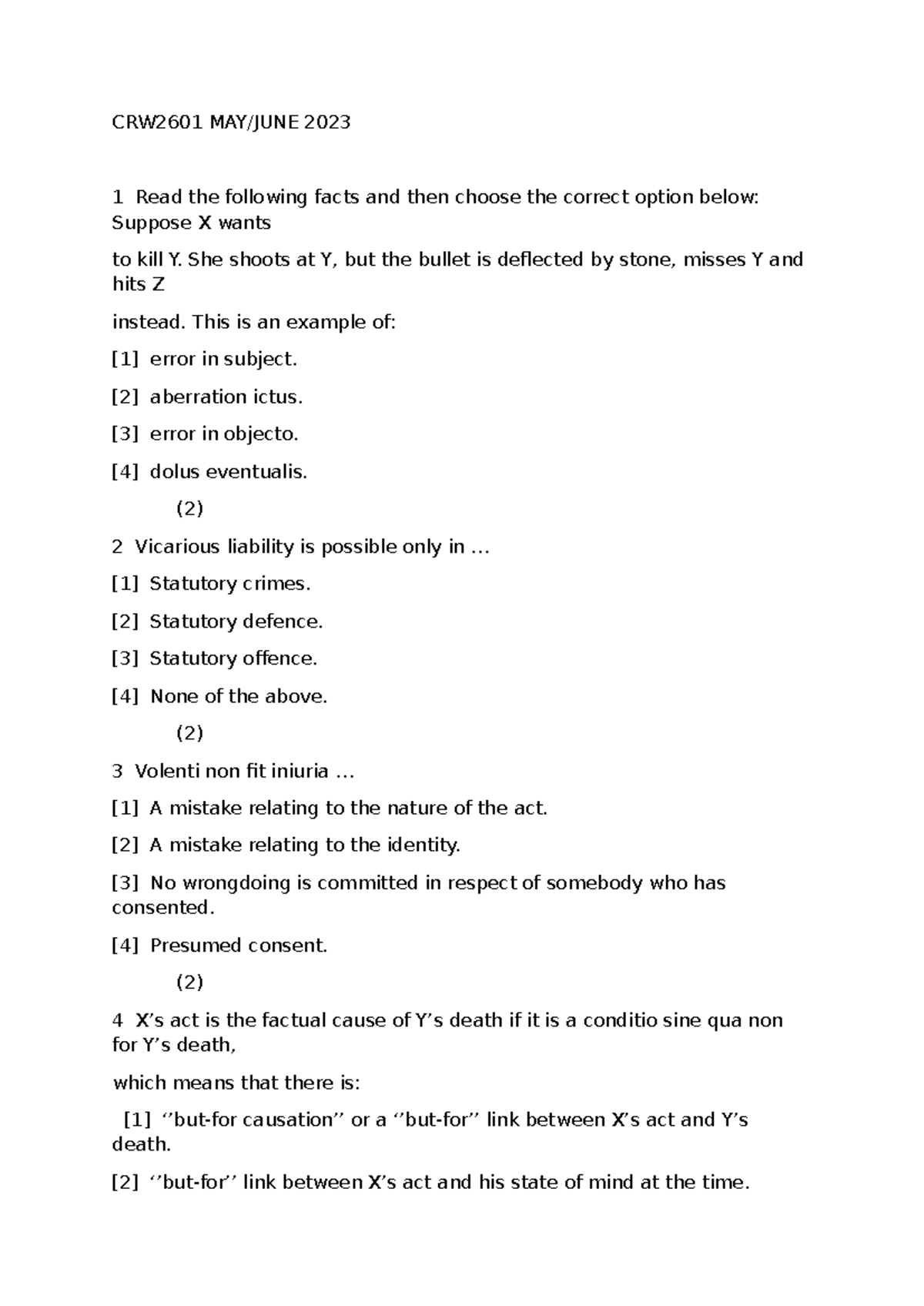 CRW2601 May 2023 MCQ Exam Questions on Criminal Law Concepts - Studocu