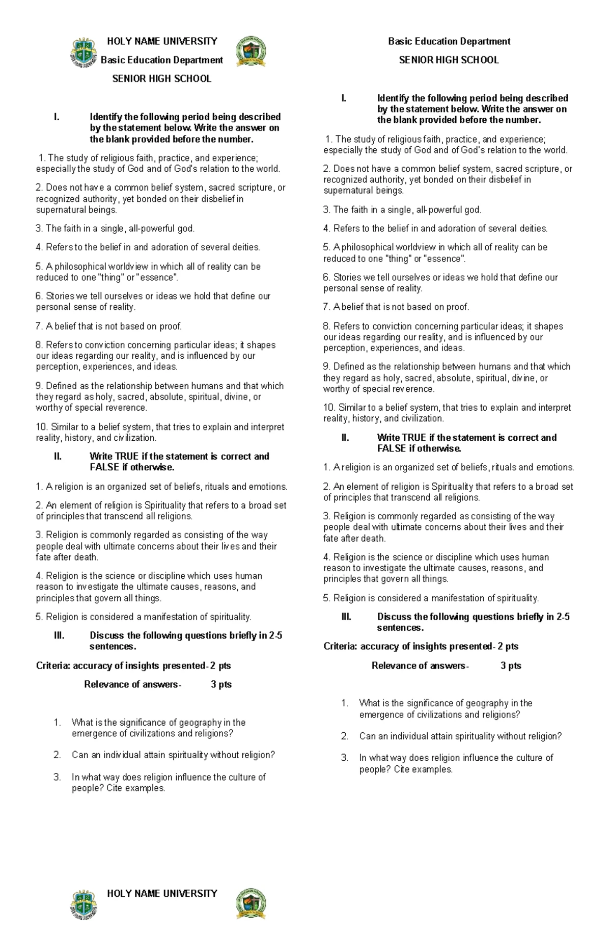 TOS - Con Arts First Quarter Exam Specifications 1st Sem AY 2023 - Studocu