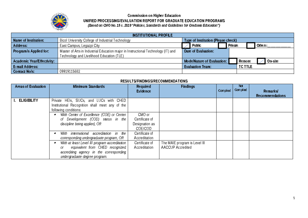 Unified Evaluation Report for MAIE Program - CMO 15-2019 - Studocu