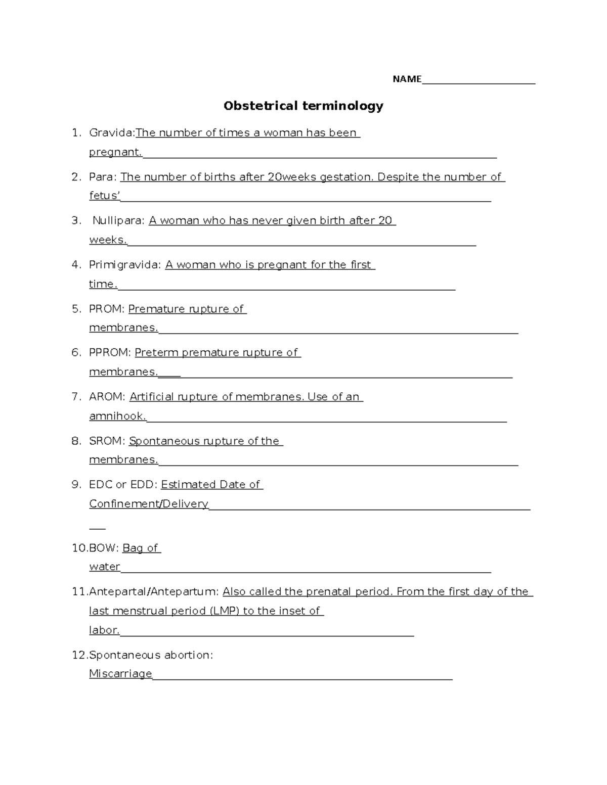Obstetrical Terms - Term definitions. - NAME ...