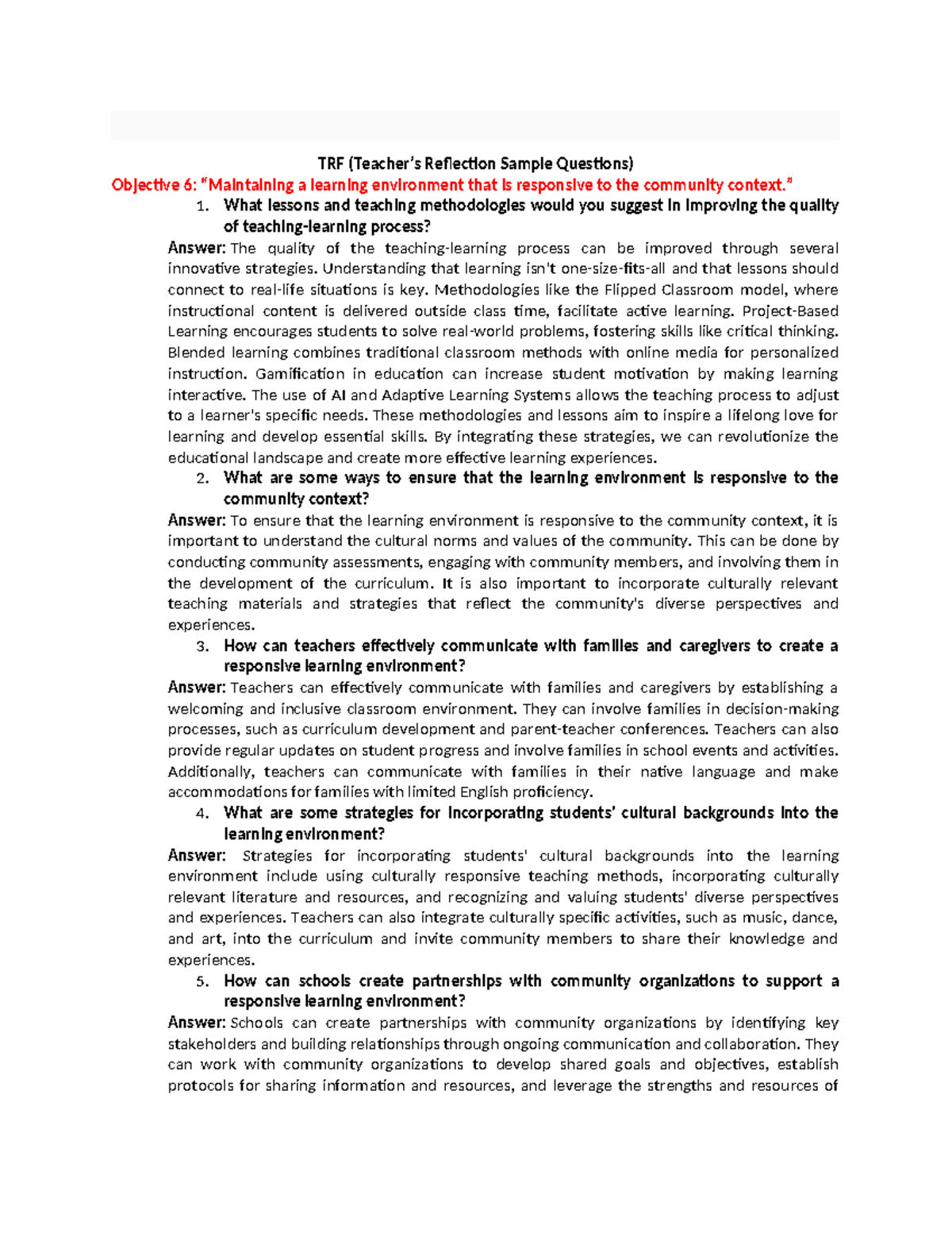 Trfnoms - trf - TRF (Teacher’s Reflection Sample Questions) Objective 6 ...