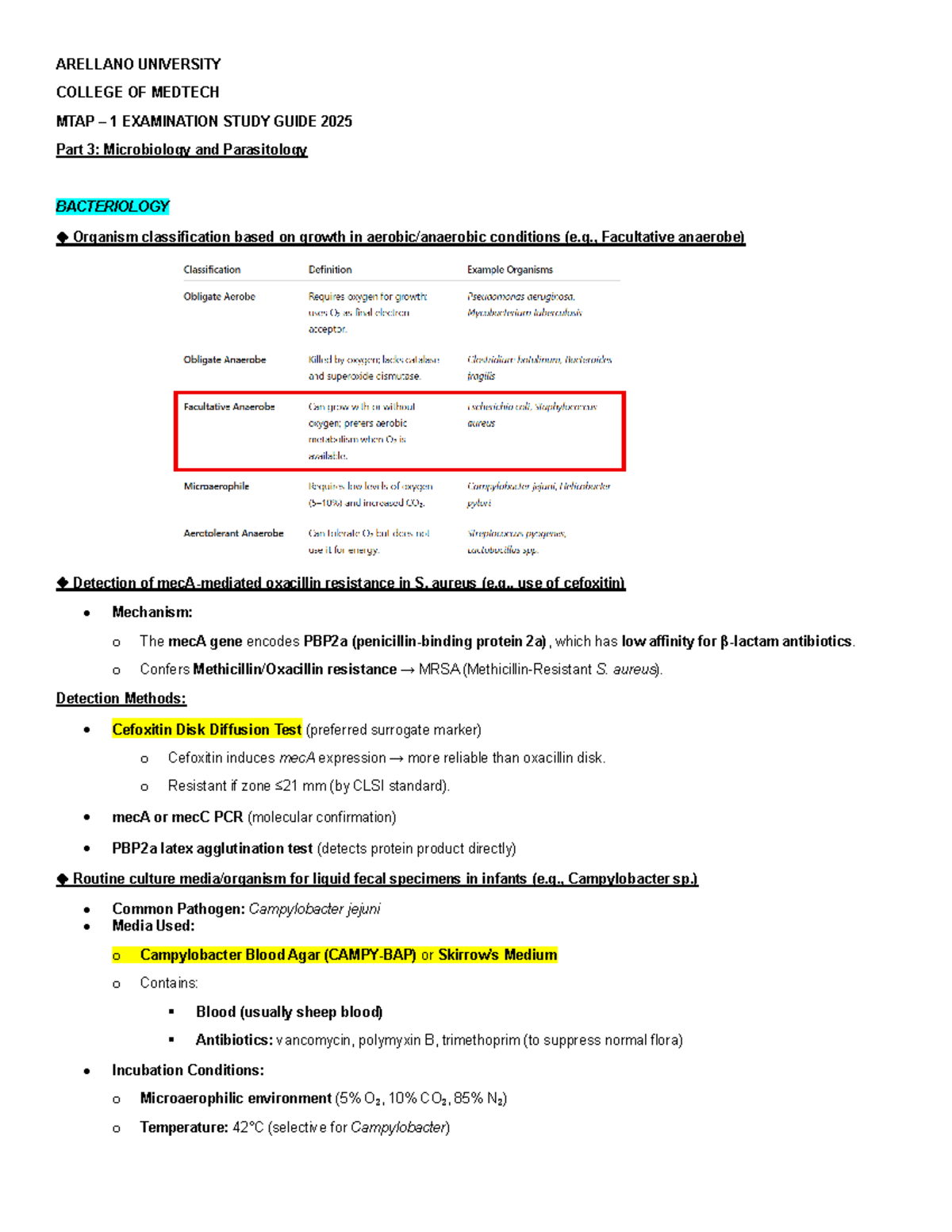 ARELLANO UNIVERSITY COLLEGE OF MEDTECH MTAP 1 EXAM STUDY GUIDE 2025: - Document Preview