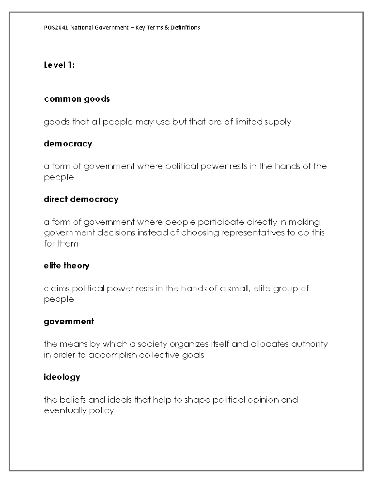 POS2041 National Government Chapter 1 Key Terms Definitions - Studocu