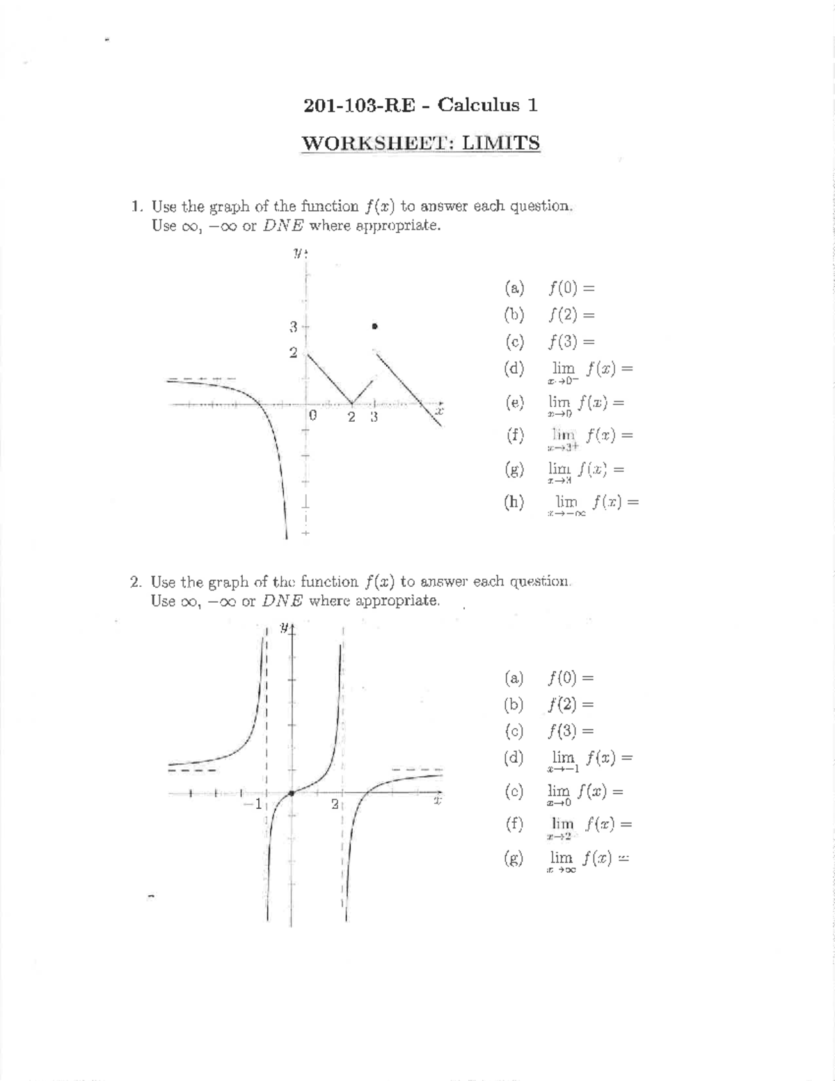 Calculus 1 Limit Worksheet Activity: Evaluating Limits and Continuity ...