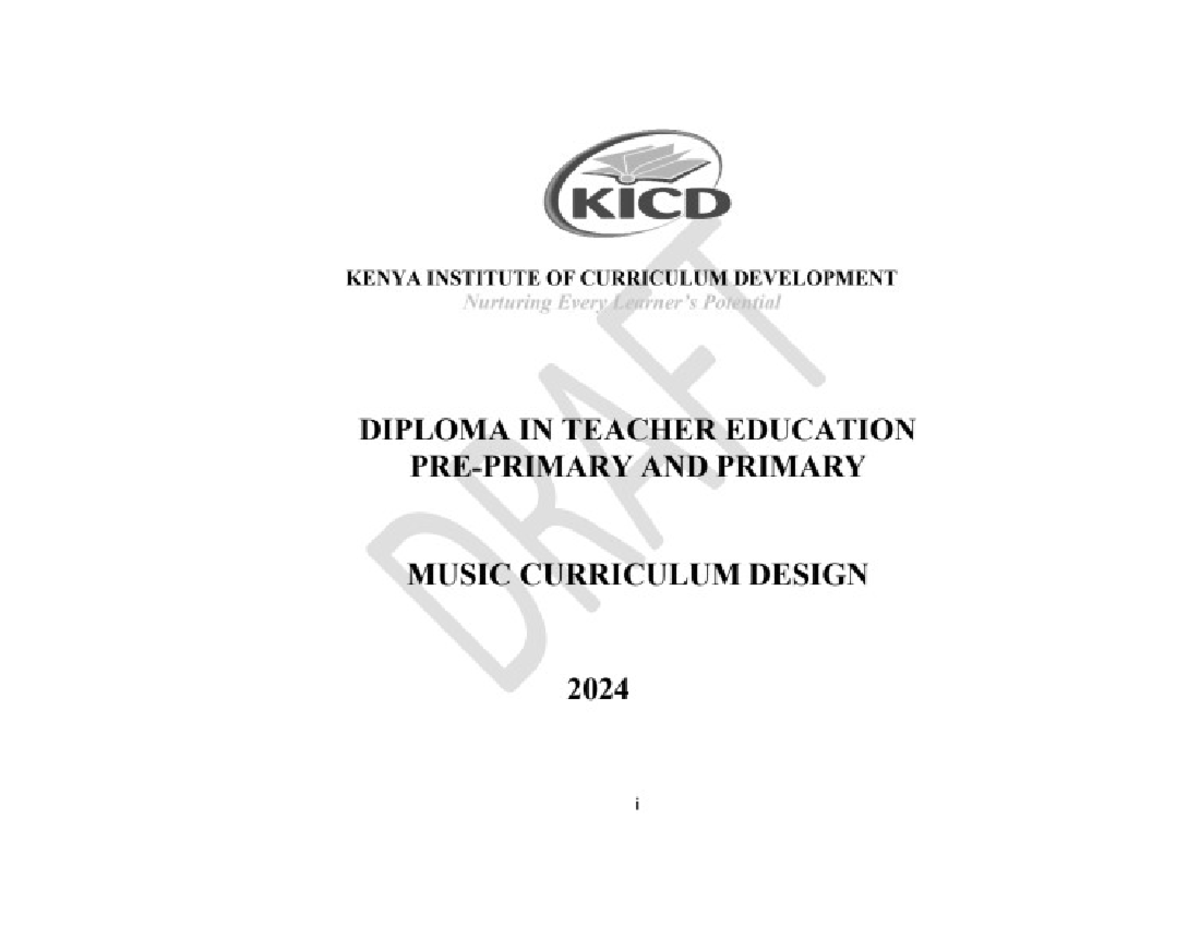 KICD DTE 2024 Music Curriculum Design for Primary Education - Studocu