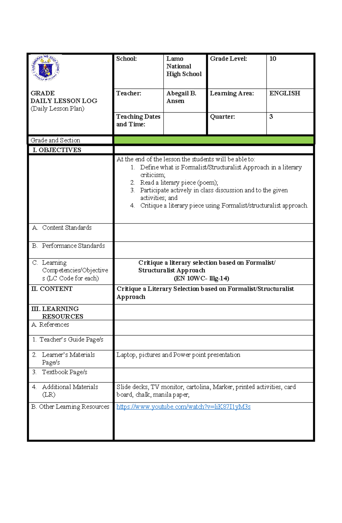 Lesson 6 Formalism Approach - School: Lamo National High School Grade ...