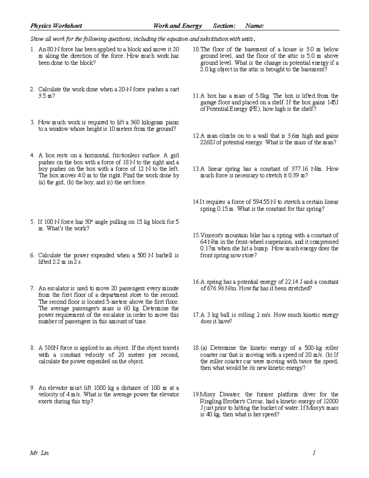 Physics Worksheet: Work and Energy Problems (Course Code: PHY101) - Studocu