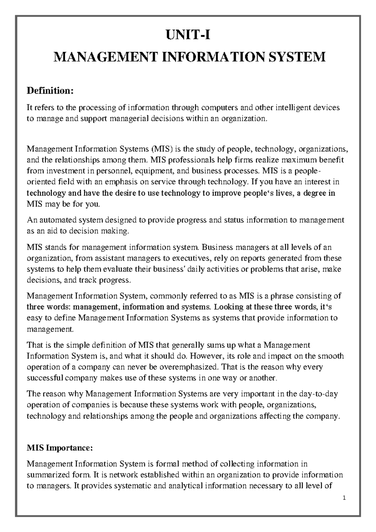 Management Information Systems - UNIT-I MANAGEMENT INFORMATION SYSTEM ...