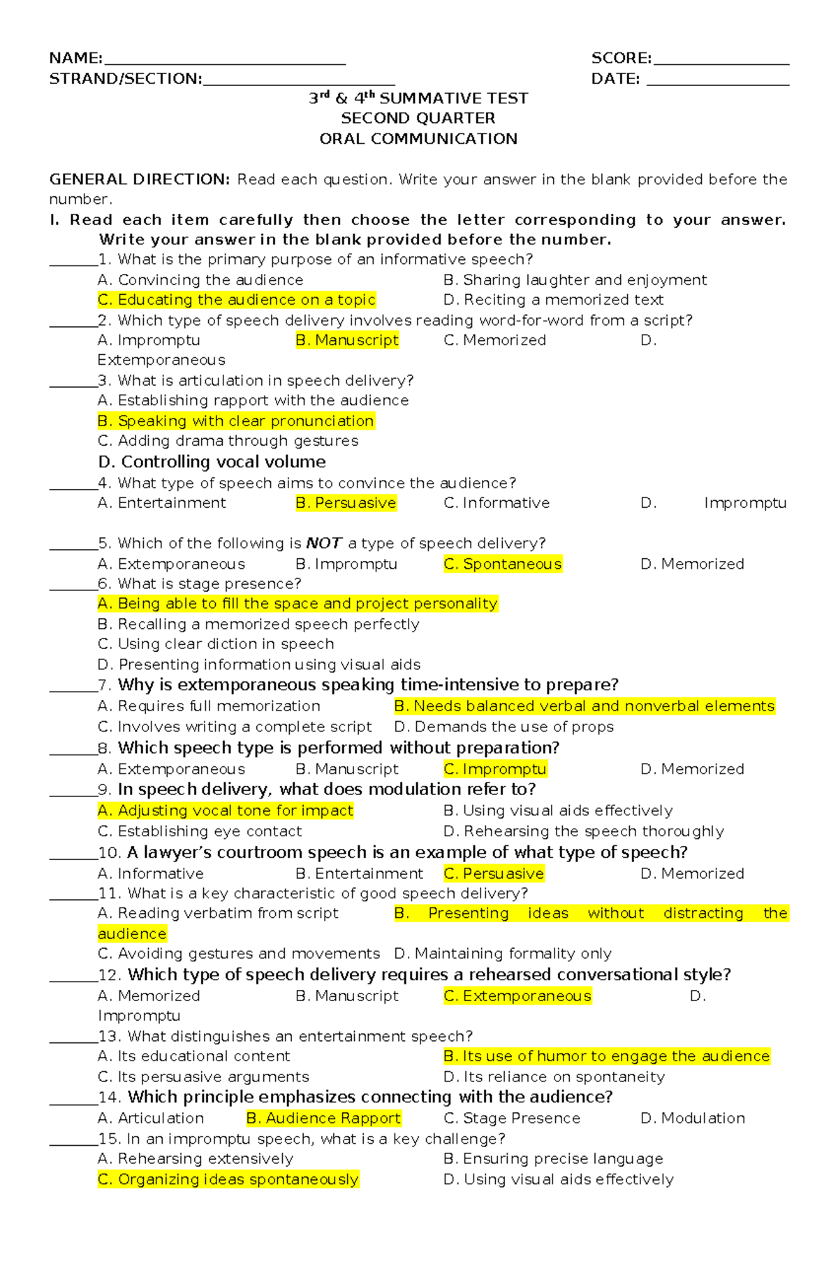 3RD & 4TH SUMMATIVE TEST ON ORAL COMMUNICATION - ST-34 - Studocu