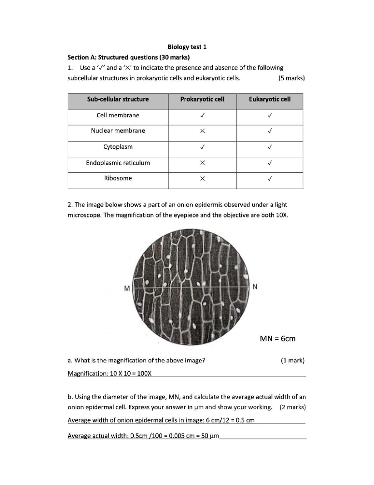 Biology Test 1: Structured Questions & Multiple Choice (30 Marks) - Studocu