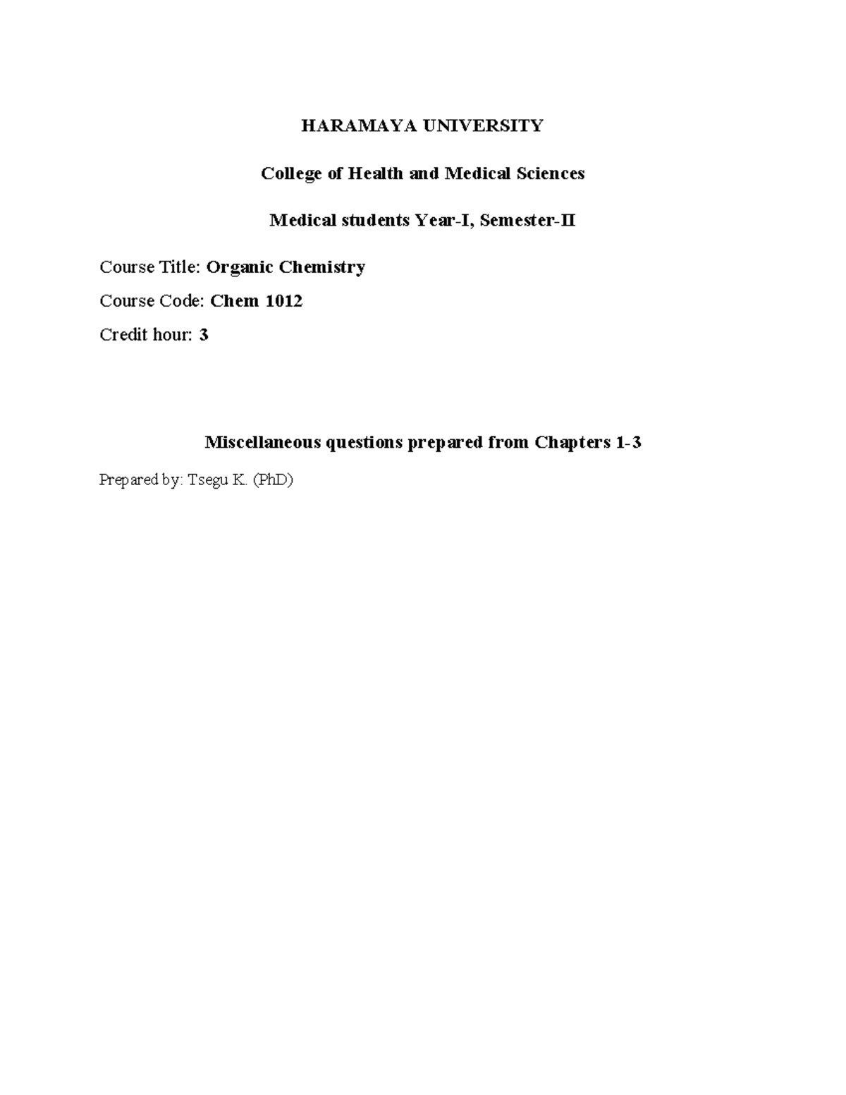 Mescellaneous questions chapters 1-3 - HARAMAYA UNIVERSITY College of ...
