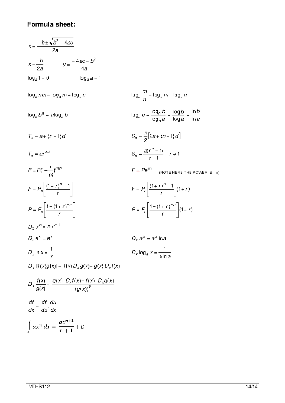 MTHS112 Comprehensive Formula Sheet 2025 - Studocu