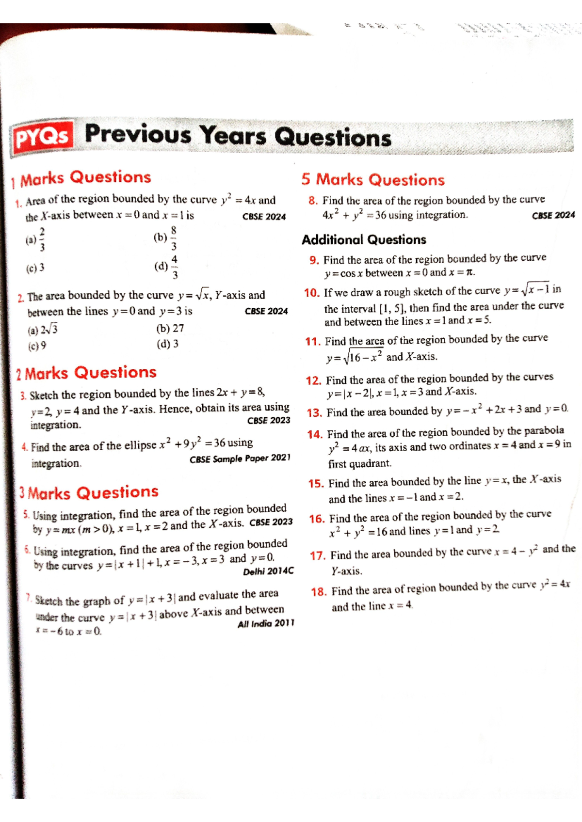 Application of integral - PYQs Previous Years Questions 1 Marks ...