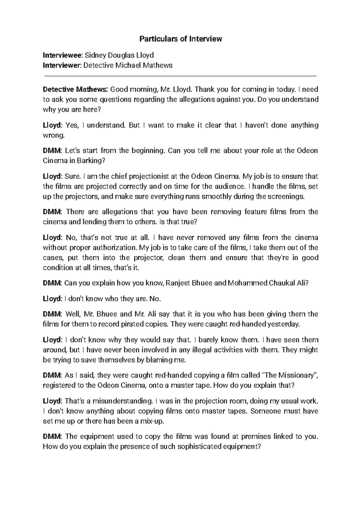 Particulars of Interview - Mini Moot 5: Sidney Lloyd's Testimony - Studocu