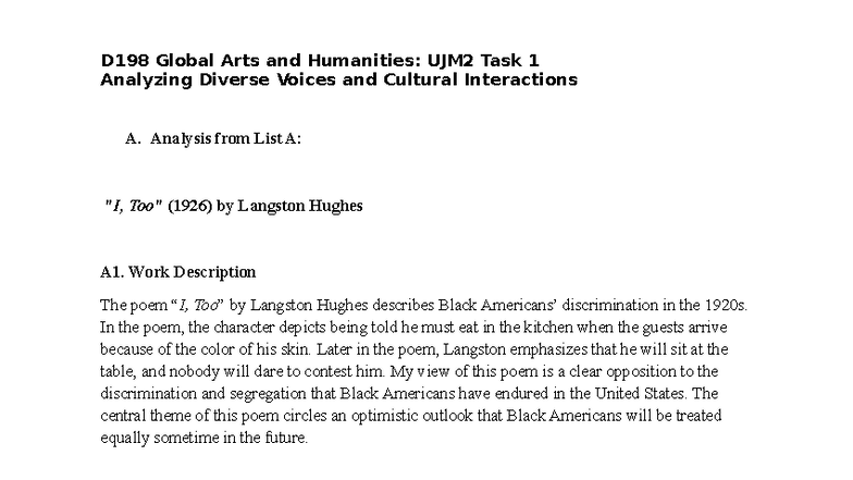 D198 Global Arts and Humanities: UJM2 Task 1 Analysis of Hughes ...