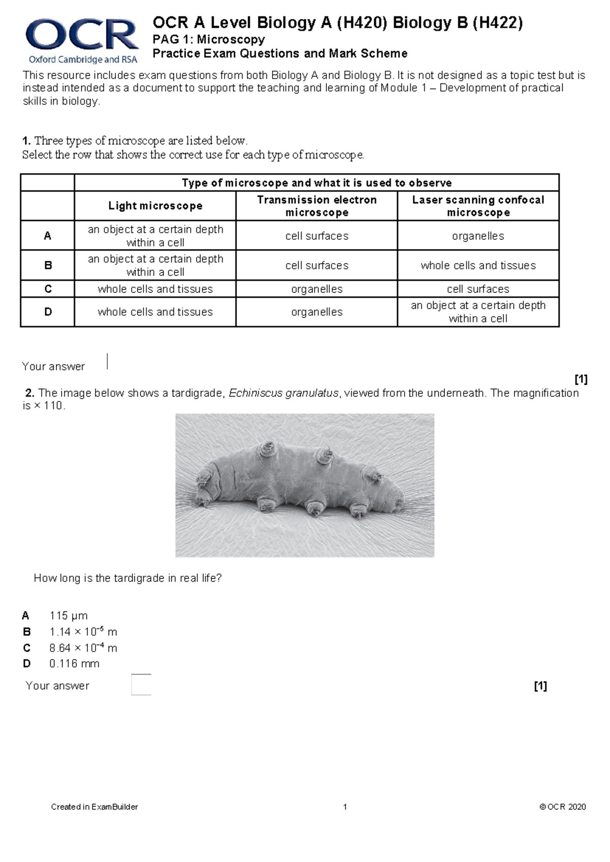 OCR A Level Biology A (H420) & B (H422) PAG 1: Microscopy Exam Qs ...