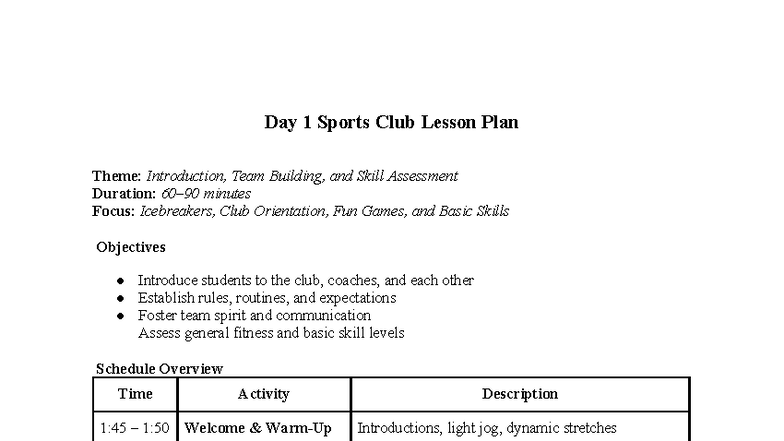 PE 101: Day 1 Sports Club Lesson Plan - Intro & Team Building - Studocu