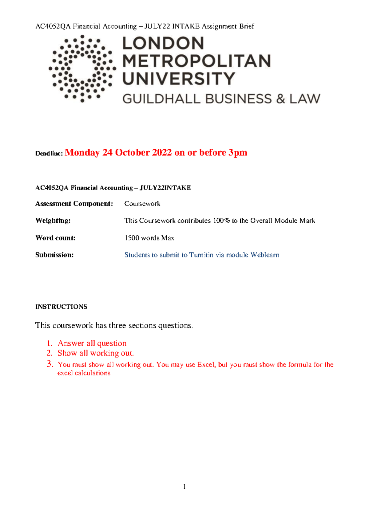 AC4052QA Final Assignment Brief for July 2022 Coursework - Studocu