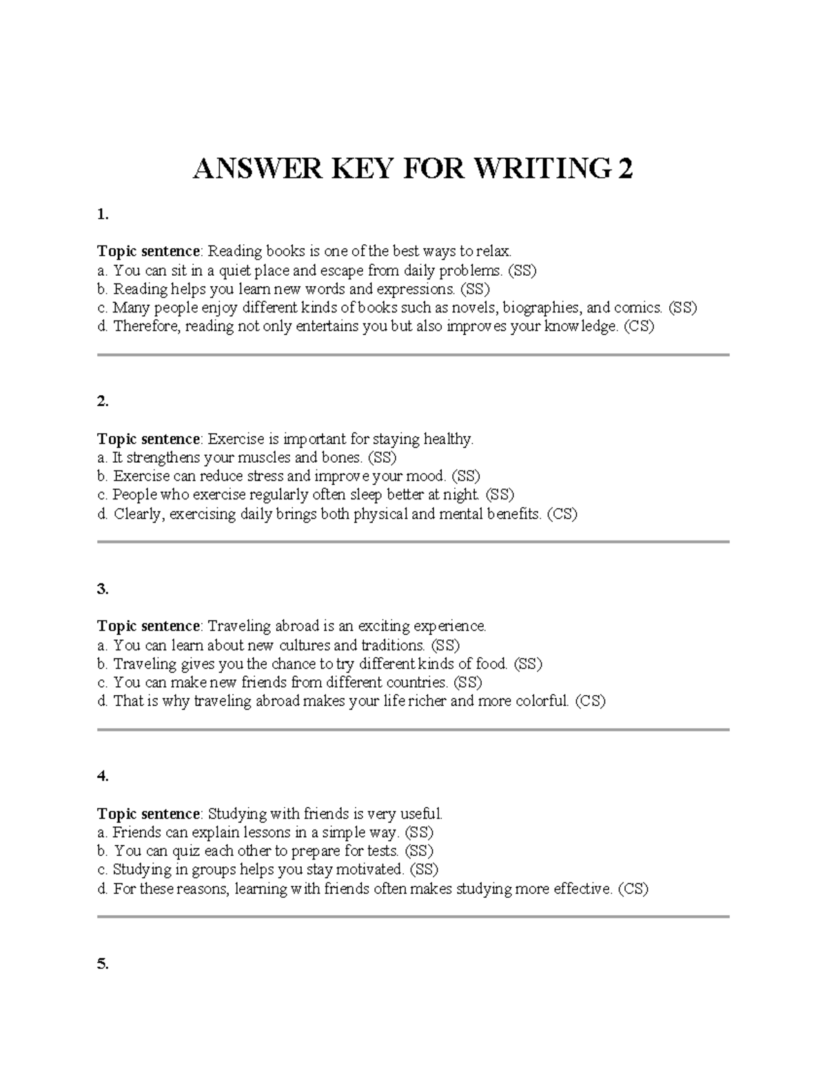 ANSWER KEY FOR WRITING 2: Topic Sentences & Supporting Details - Studocu