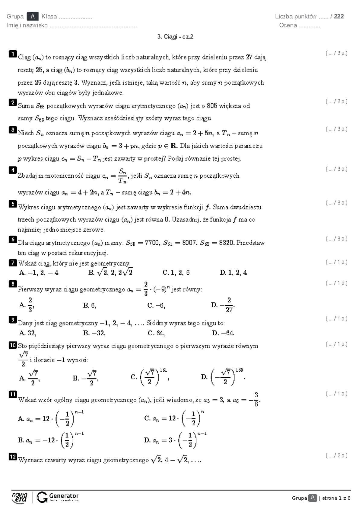 Sprawdzian Z Ciągów Liczbami Całkowitymi www.studocu.com