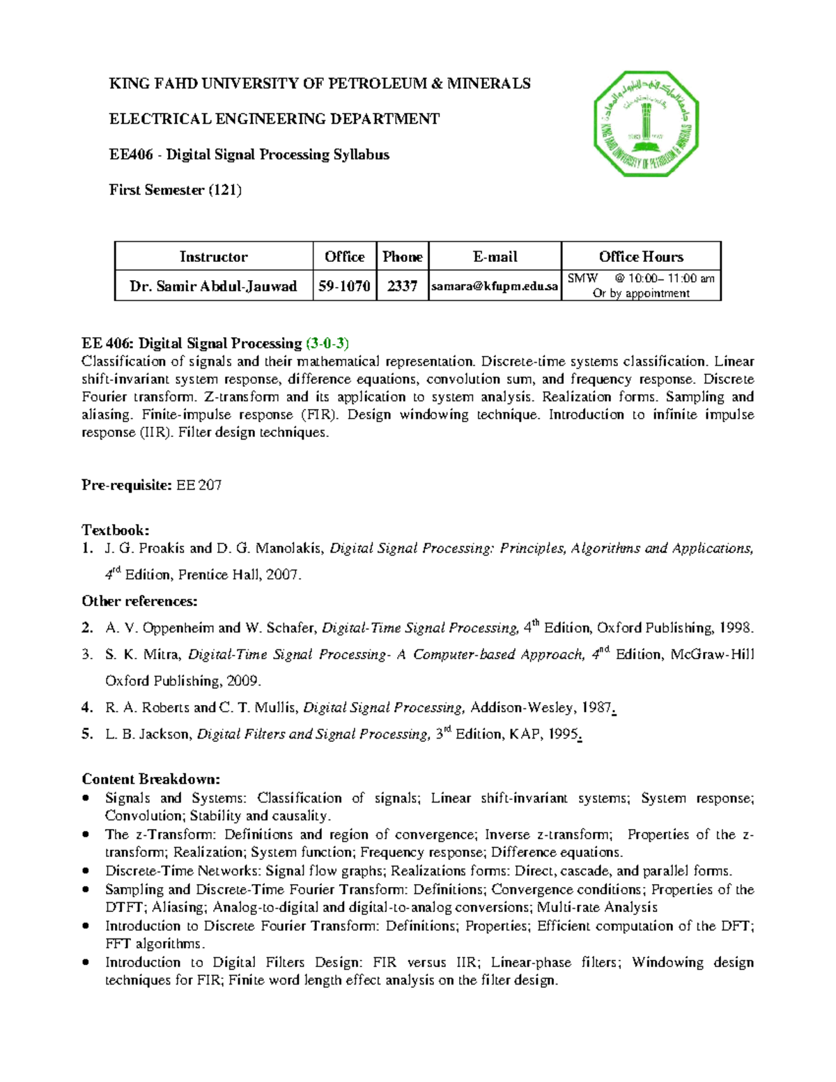 EE406 Digital signal processing syllabus for first semester (121) - Studocu