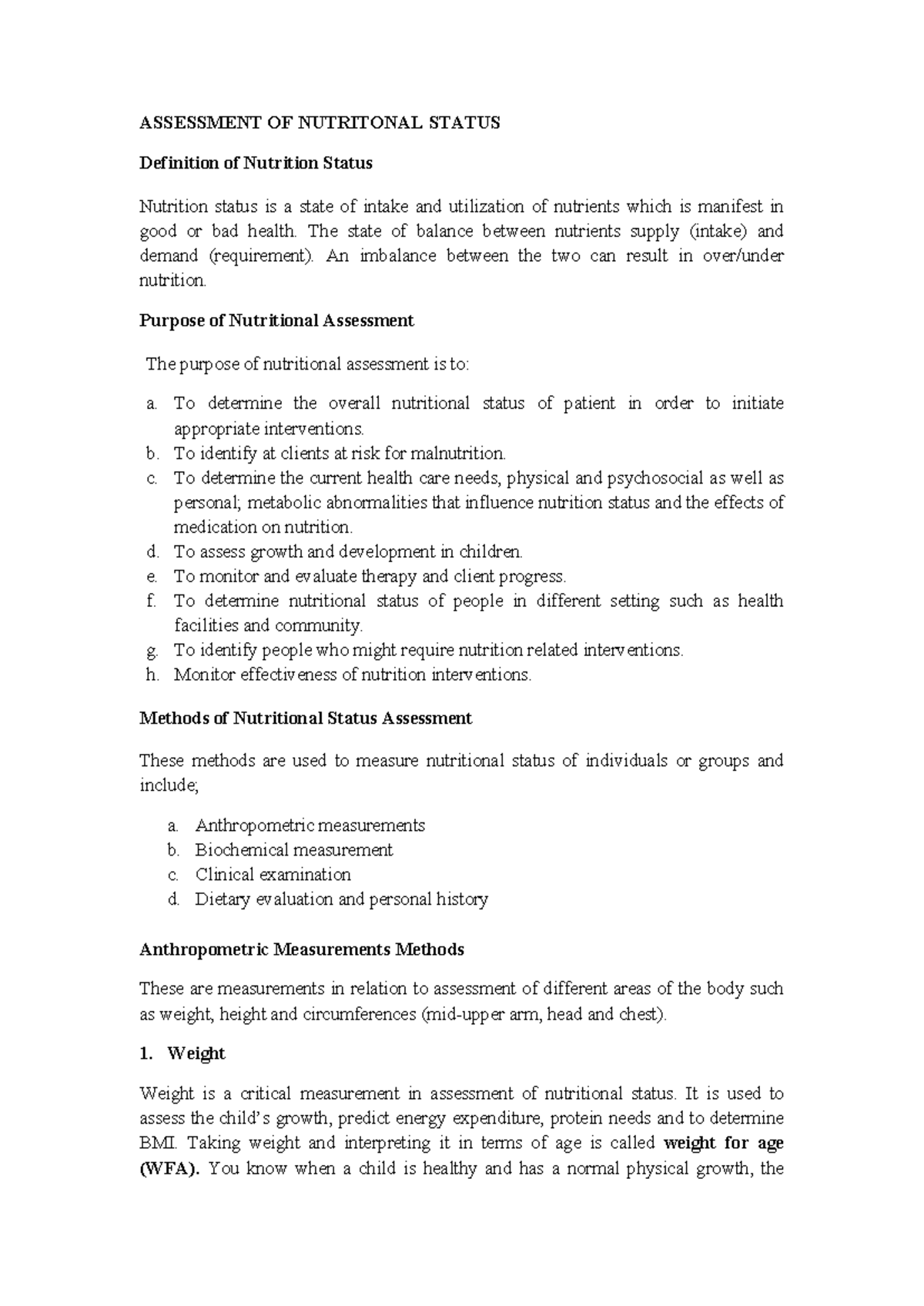 NUTRITIONAL STATUS ASSESSMENT: Methods and Purpose Overview - Studocu
