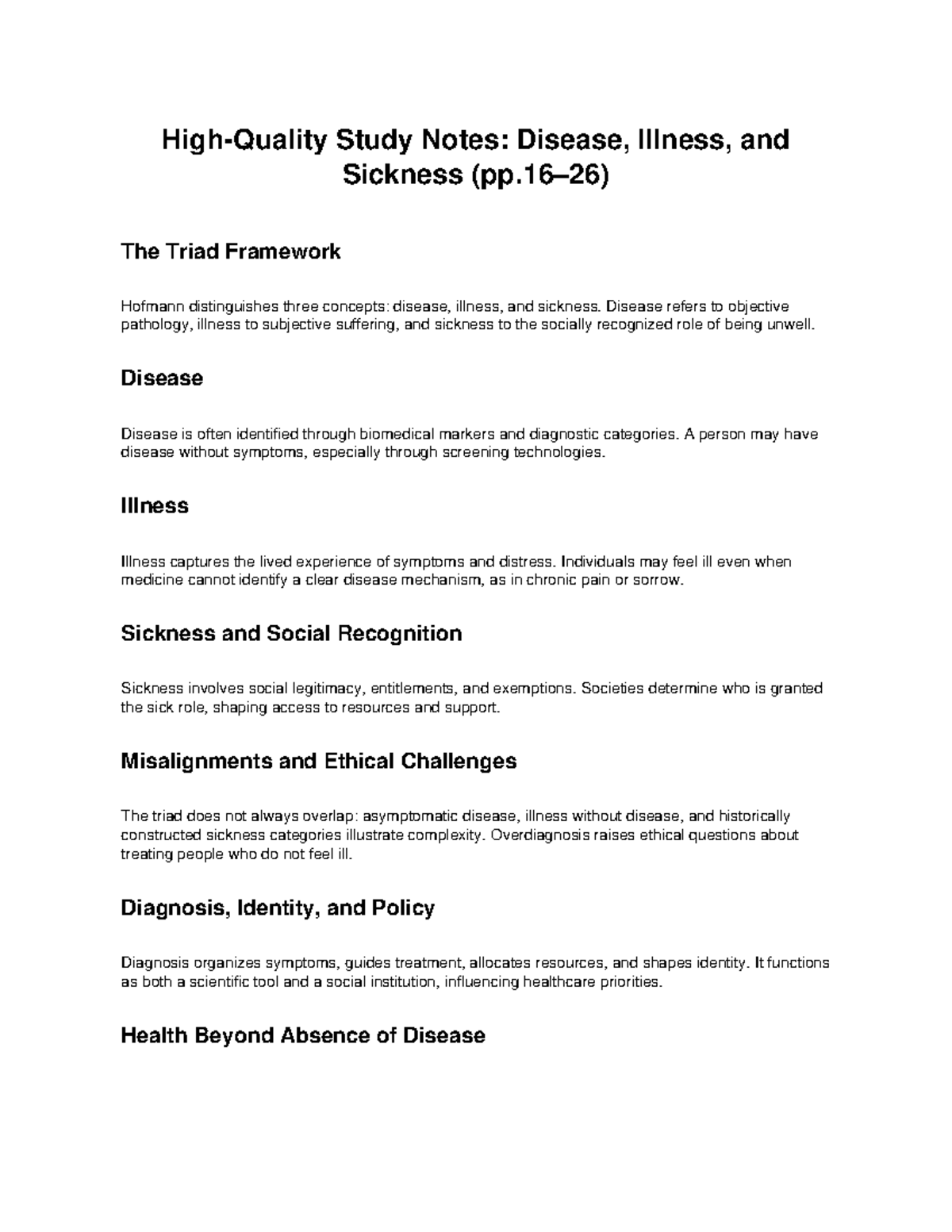 Study Notes: Disease, Illness, and Sickness Triad Framework - Studocu