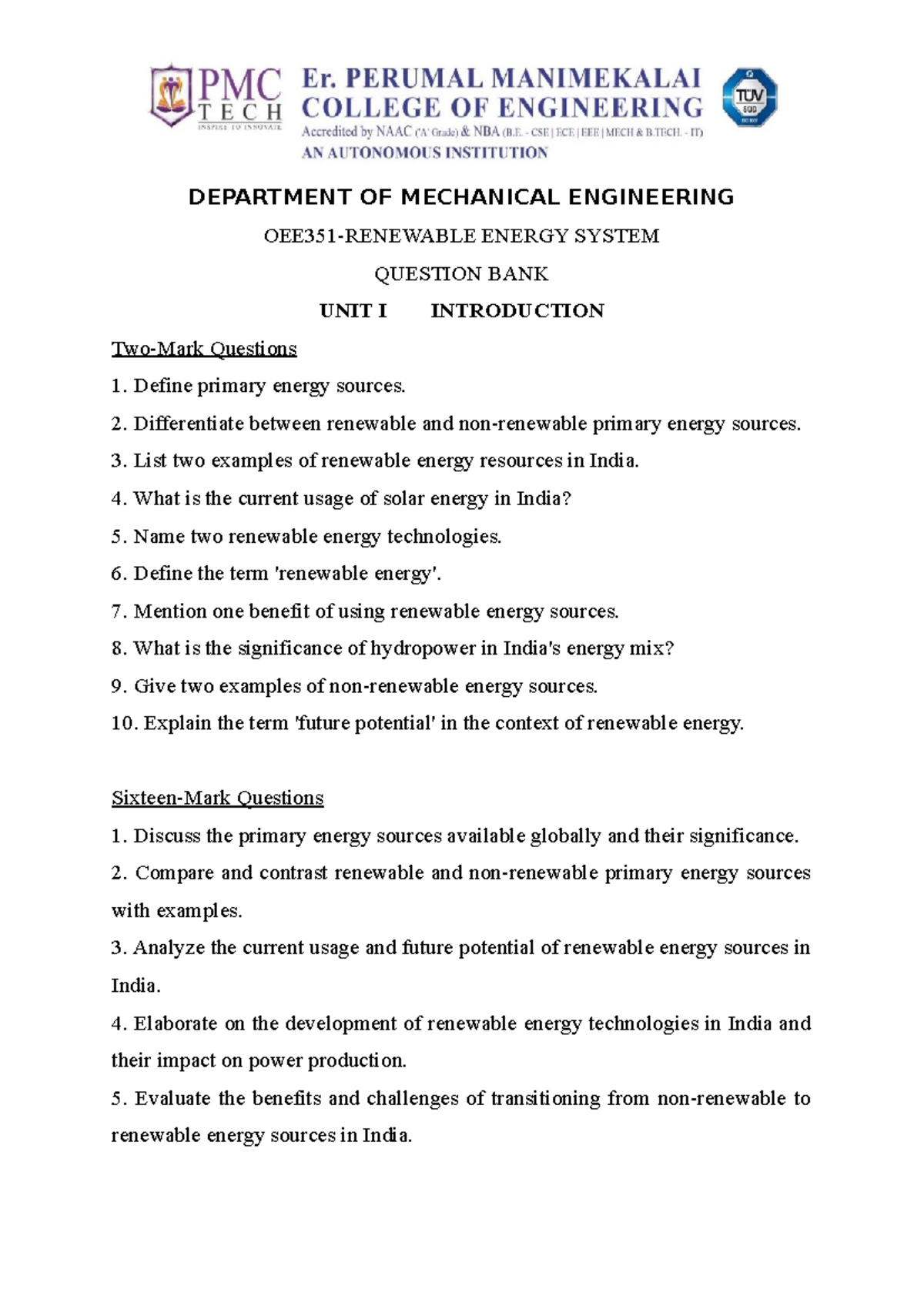 OEE 351 - RES (QB) - Question Bank on Renewable Energy Systems - Studocu