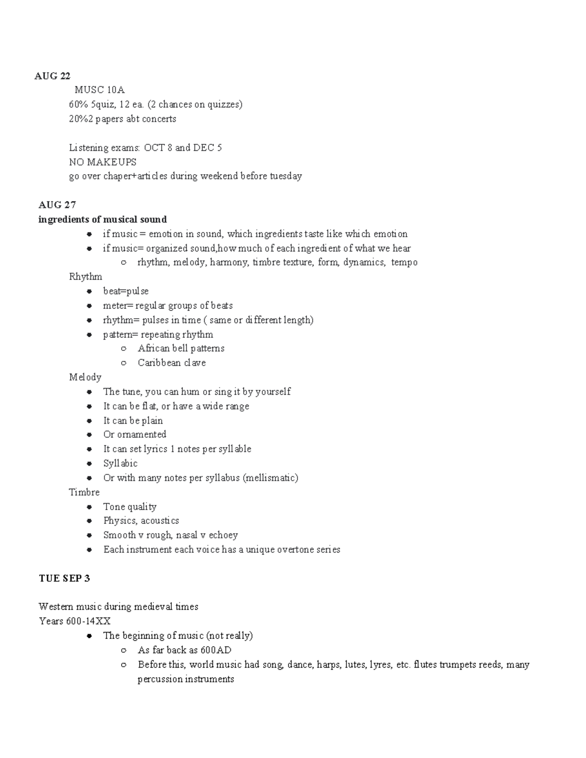 MUSC 10A - Notes from Music Appreciation - AUG 22 MUSC 10A 60% 5quiz ...