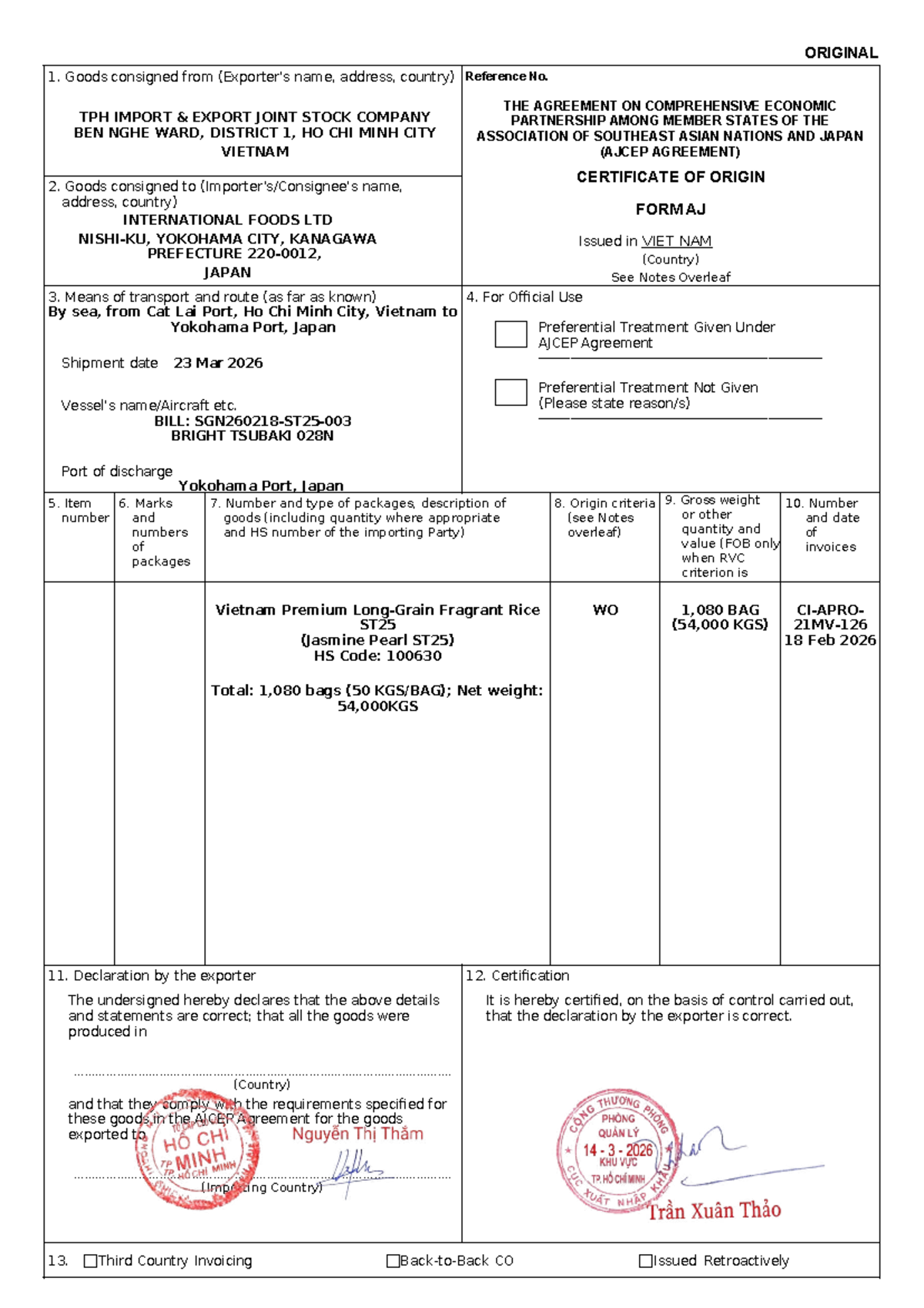 AJCEP Agreement Certificate of Origin - Vietnam to Japan Shipment - Studocu