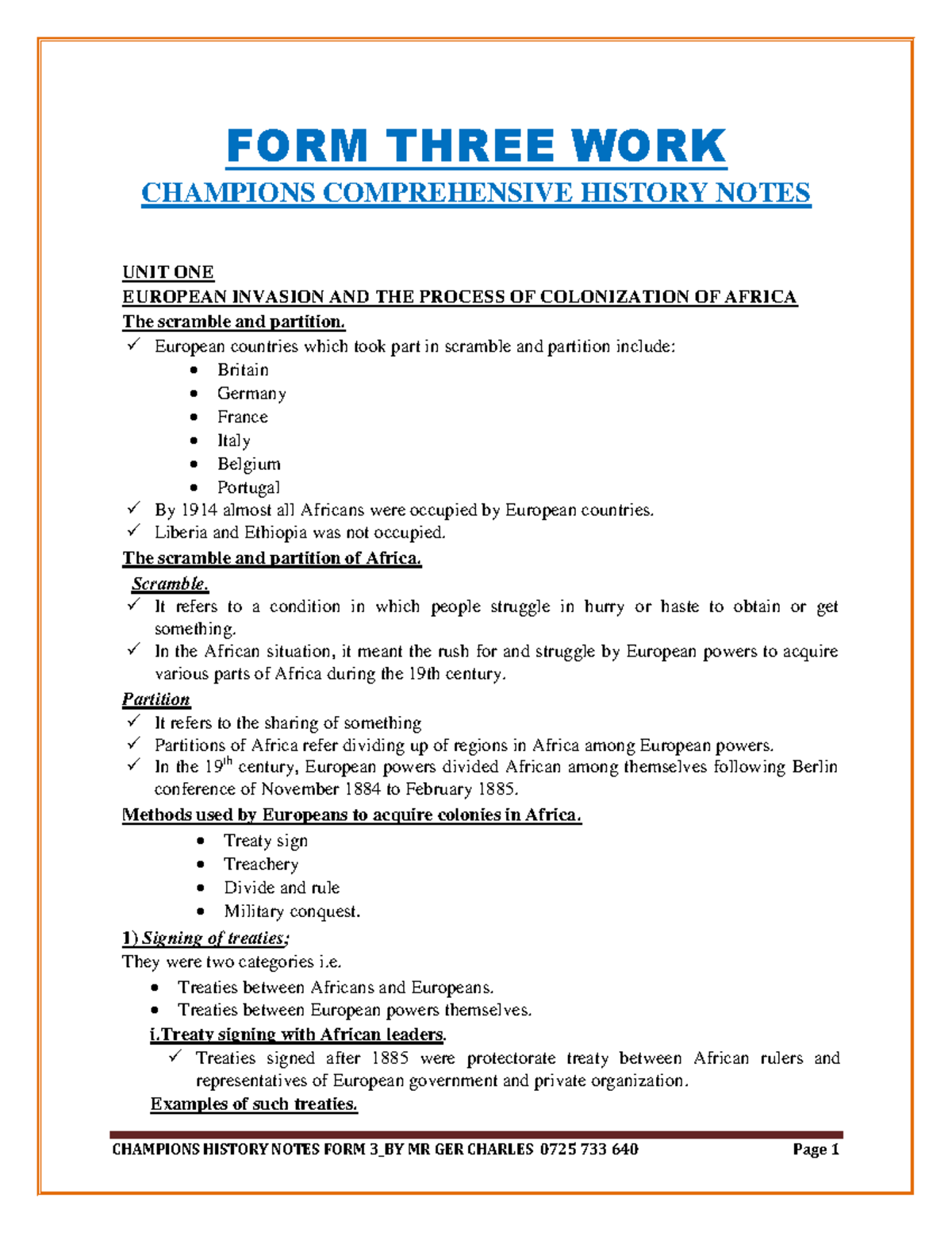 FORM 3 History Notes: European Colonization and its Impact - Studocu