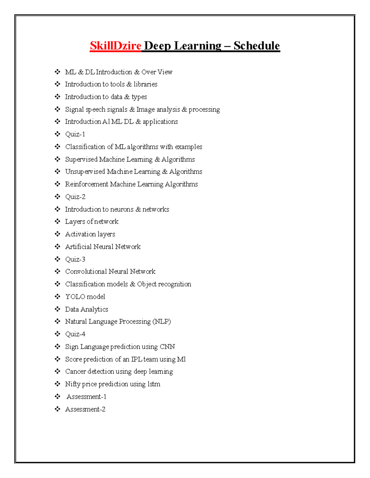 Deep Learning Course Content - SkillDzire Deep Learning – Schedule ML ...