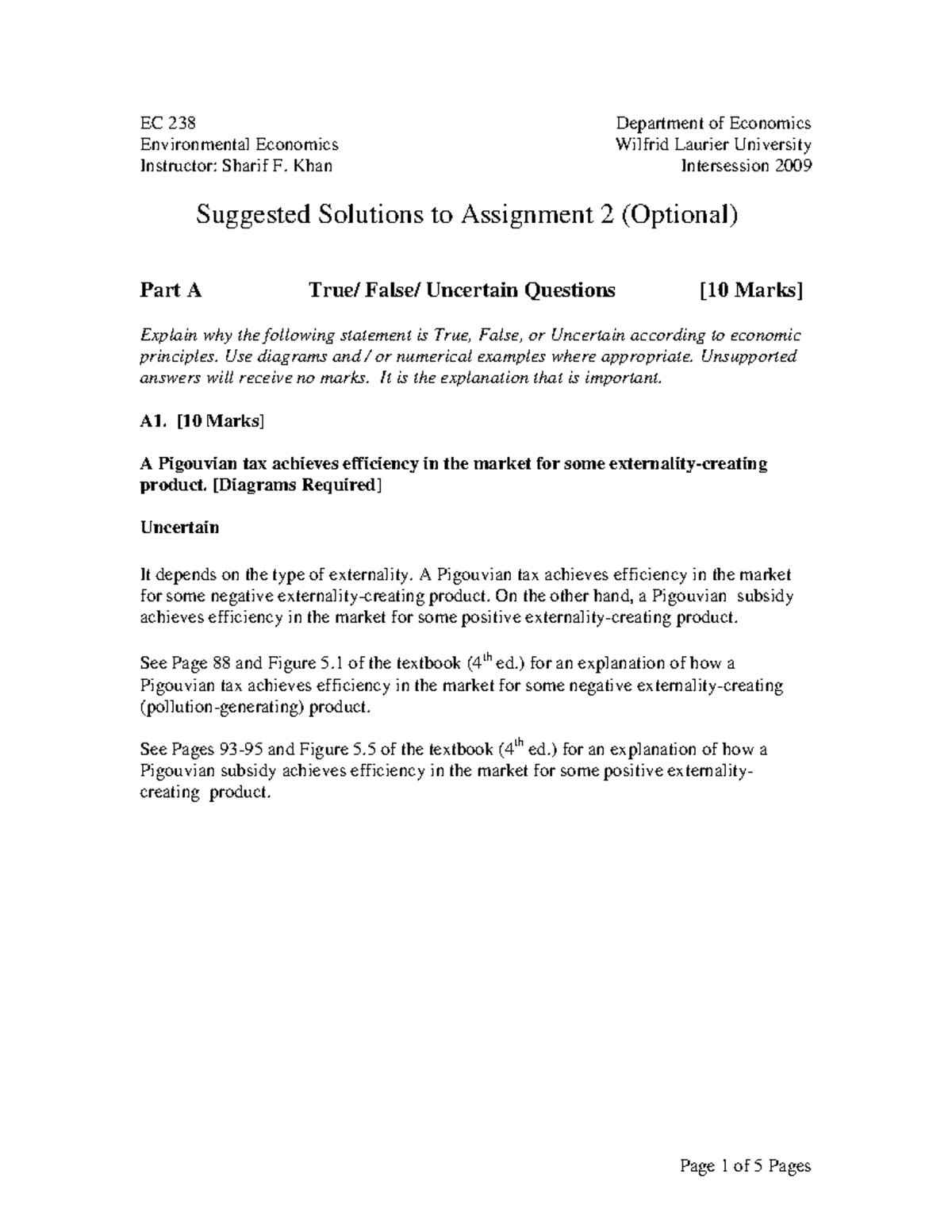 EC238 Intersession 2009 Assignment 2 Suggested Solutions - Studocu