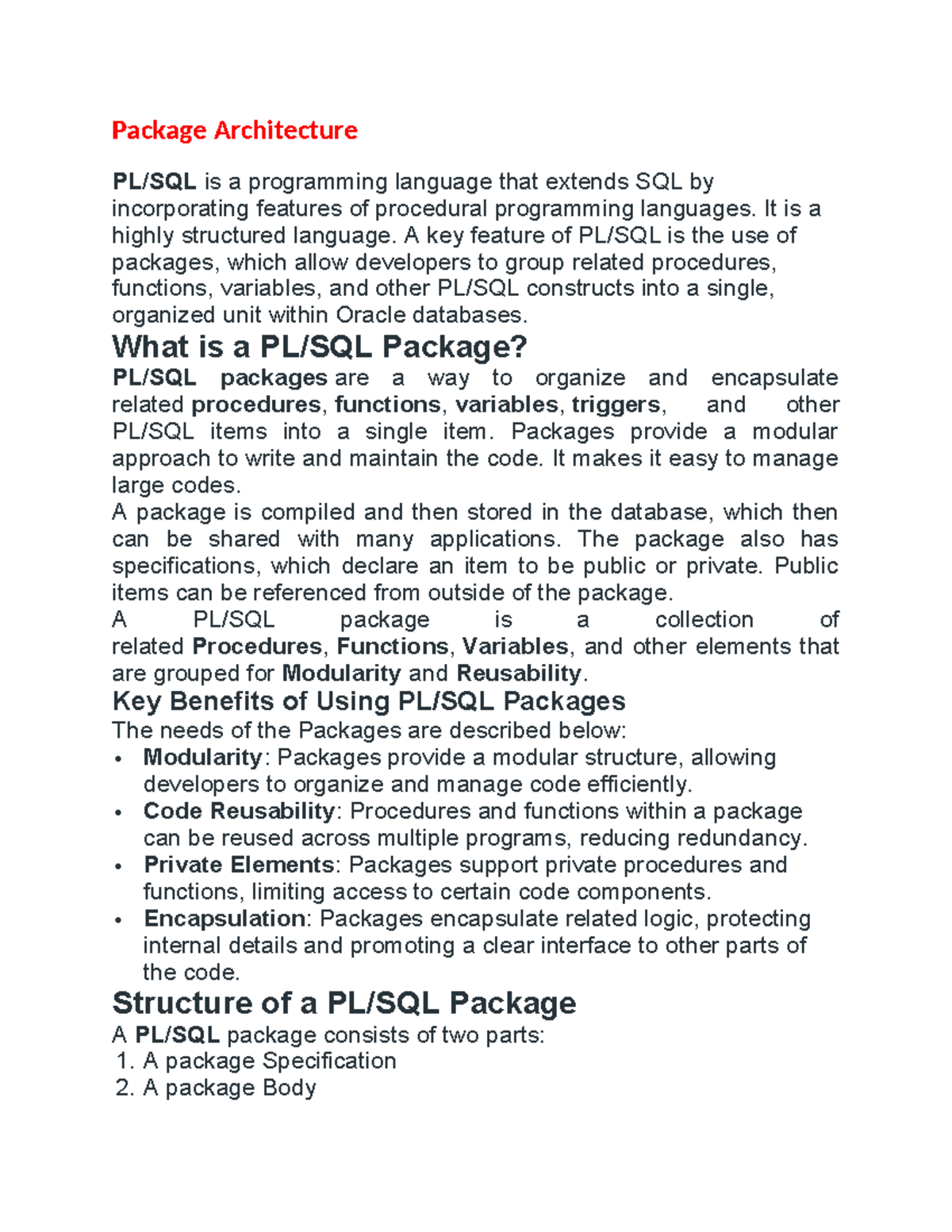 PLSQL Midterm 2 Notes: Understanding Package Architecture - Studocu