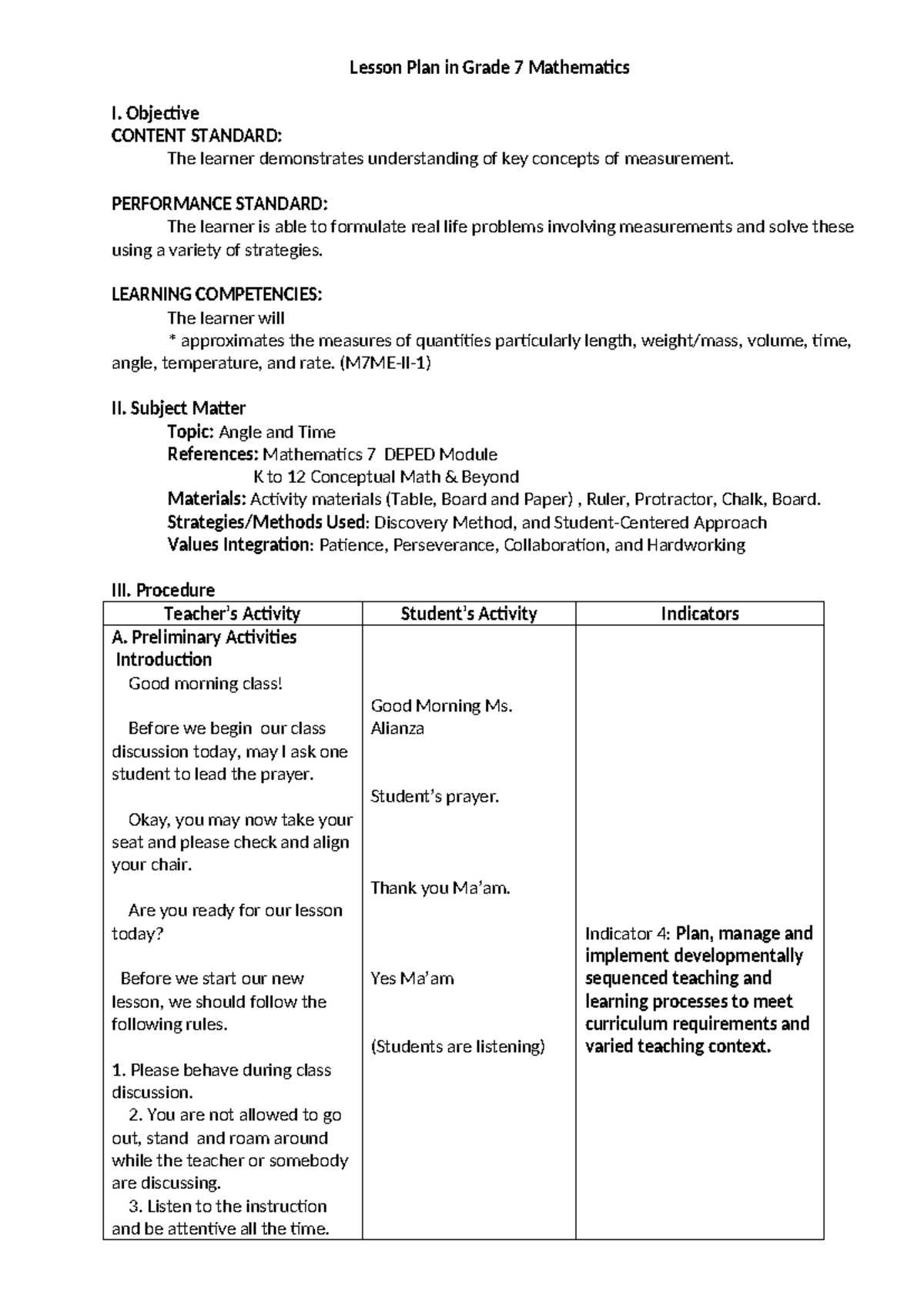 Lesson Plan in Grade 7 Mathematics 2 Angle and time - Lesson Plan in ...