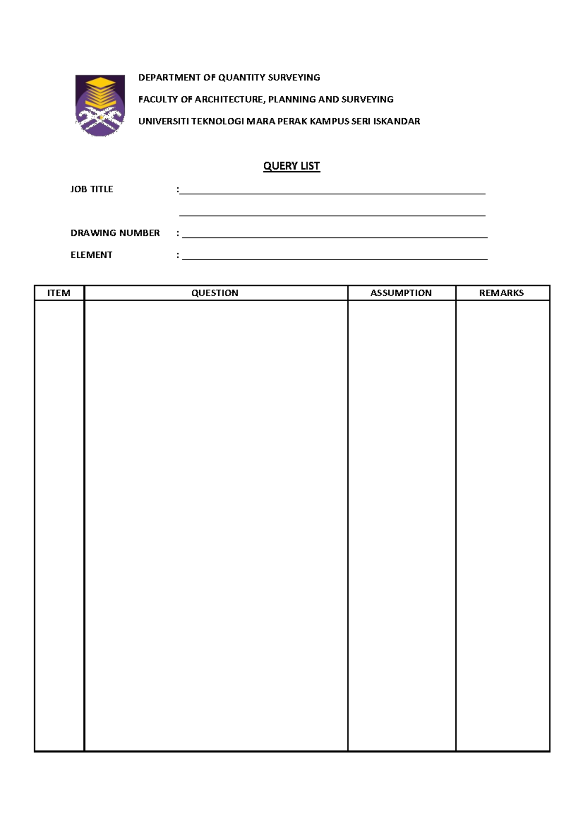 Query LIST - Faculty of Architecture, Planning And Surveying, UiTM ...