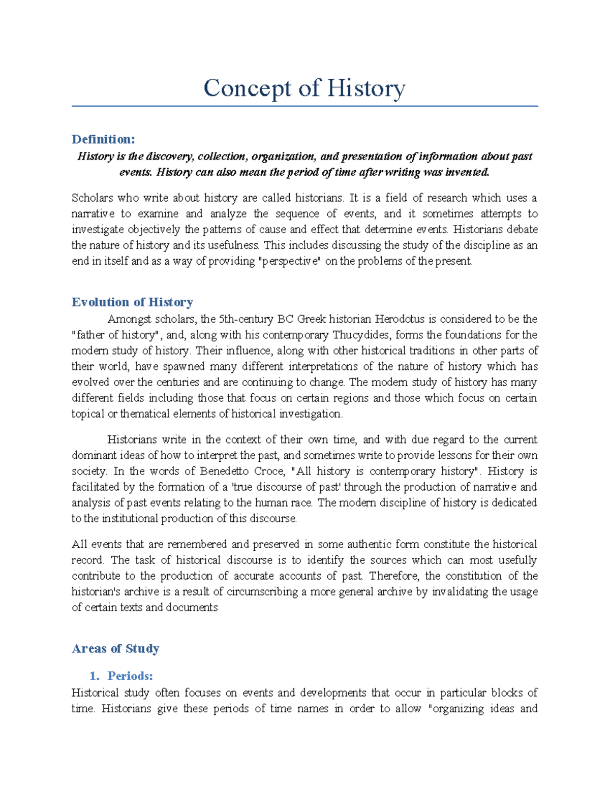 Concept of History: Definition and Evolution (Course Code: 111189620 ...