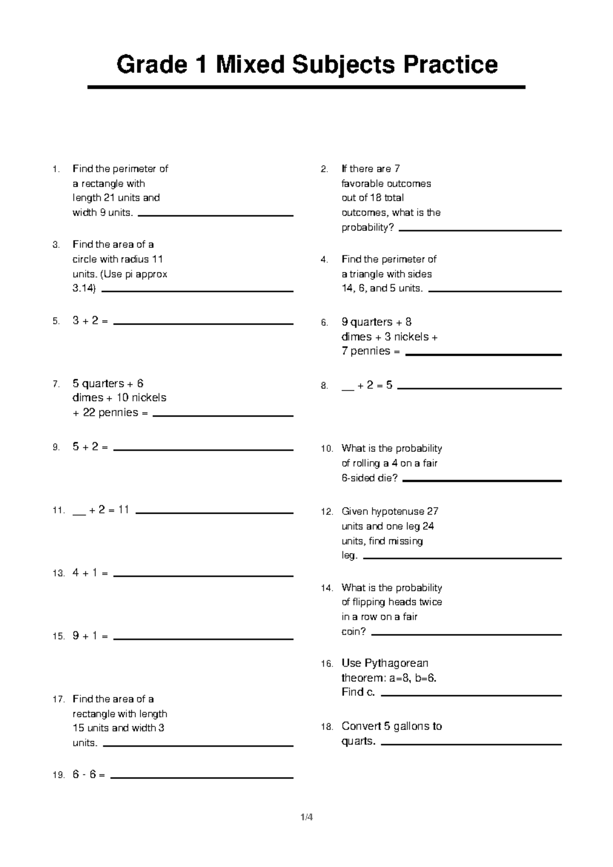 Grade 1 Mixed Subjects Practice 4: Math Problems & Solutions - Studocu